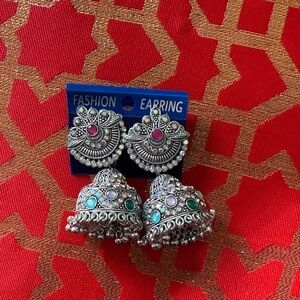 Silver Jumka Earrings with Pink and Blue Accents